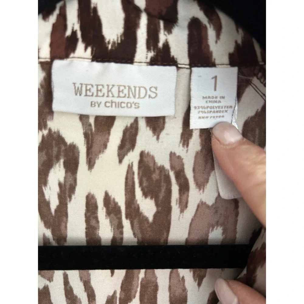 Chicos Weekends Leopard Print Zip Front Jacket Brown Cream 3/4 Sleeve Size 1 M